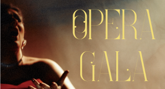 photo of woman in red dress singing with yellow text that says opera gala