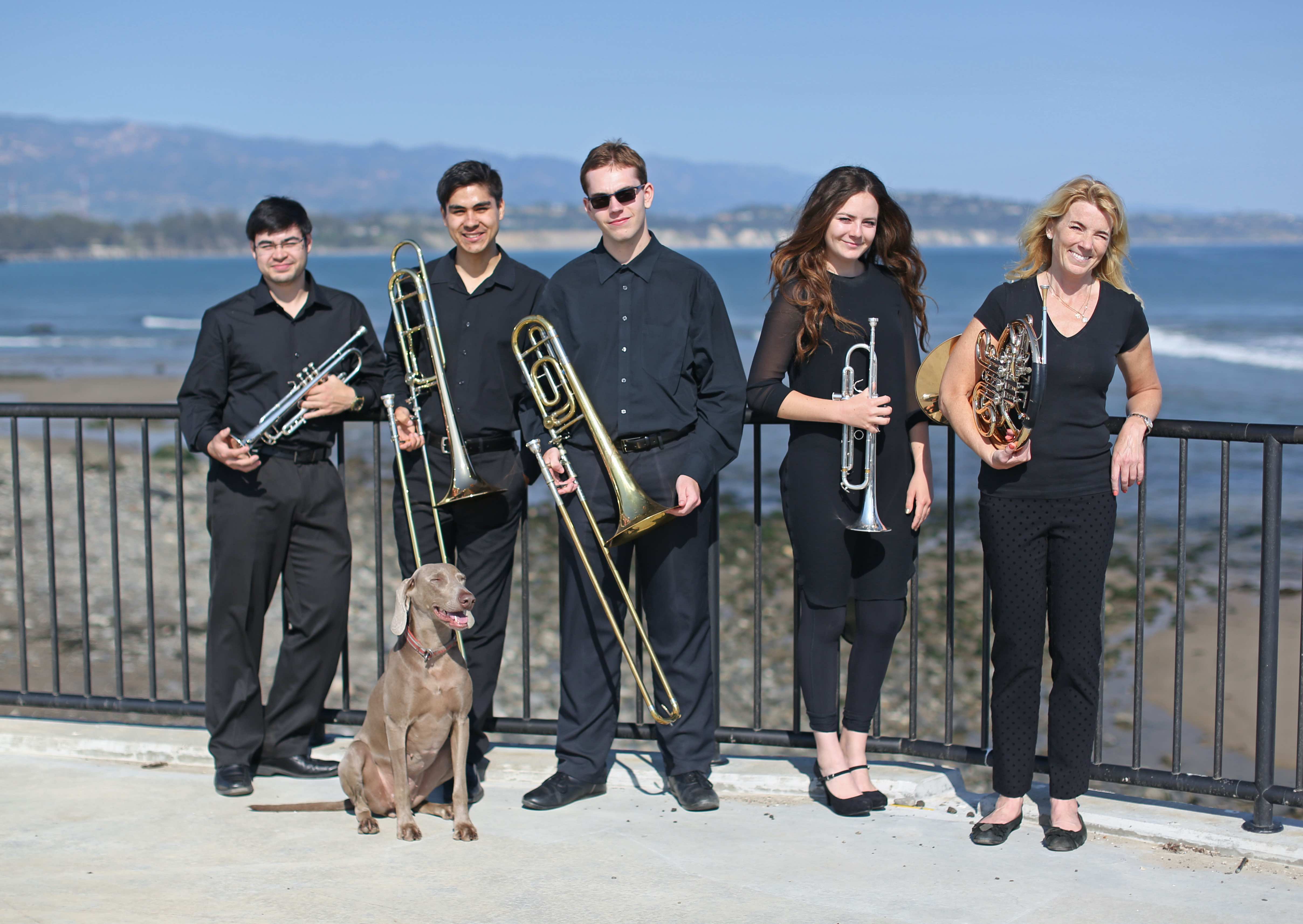 2016-2017 Maurice Faulkner Brass Quintet. From left: David Nakazono (trumpet), Dylan Aguilera (tenor trombone), Nick Mazuk (bass trombone), Lily Apar (trumpet), Sara Aronson (horn)