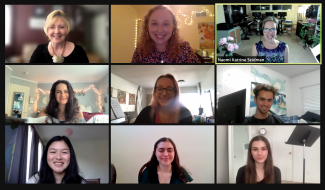 Professor Jill Felber (pictured top left) and the UC Santa Barbara Flute Studio class during a virtual masterclass with Guest Artist and UC Santa Barbara Alumna Dr. Naomi Seidman ‘02 (Associate Professor of Flute at Pennsylvania State University)